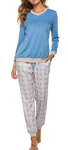 Hount Womens Pajama Set Long Sleeve Cotton Sleepwear Set Soft Loungewear Nightwear PJ Set (XX-Large, Blue)