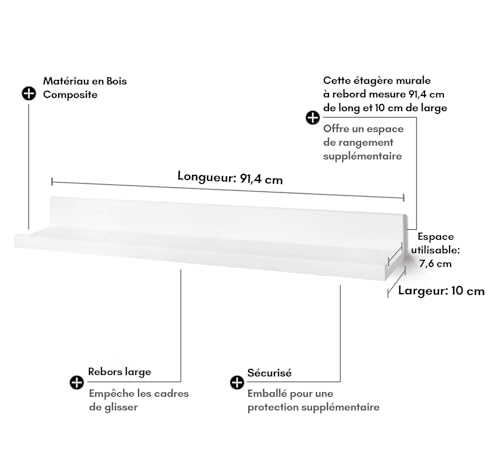 Étagère flottante blanche de 91 cm dotée d'un grand rebord protecteur - 4