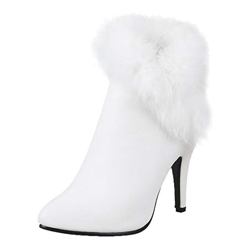 MISSUIT Damen Stiletto Ankle Boots Spitze High Heels Stiefeletten mit Fell Warm Gefüttert Reißverschluss Stiefel(Weiß,41) Cover