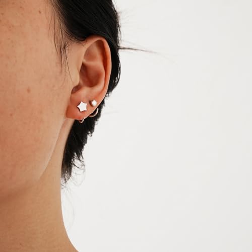 Image of CHIC & ARTSY 925 Sterling Silver Half Hoop Earrings for Women, Small Huggie Hoops Set with Ball Bar Star Moon Cross & Pearl, Lightweight Comfort Fit Everyday & Sleep Earrings