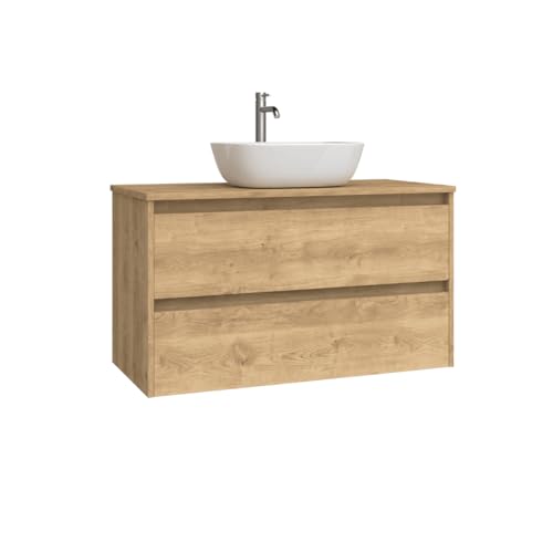 Mueble de Baño Suspendido con Lavabo Sobreponer Cerámico | Mueble Volado 2 Cajones | 80 cm Roble Natural - imagen 4