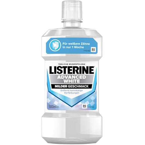 LISTERINE Advanced White Milder Geschmack 500 ml, Mundspülung zur Entfernung hartnäckiger Zahnverfärbungen, für weißere Zähne in nur 1 Woche, Mundwasser bekämpft wirksam Bakterien im Mundraum