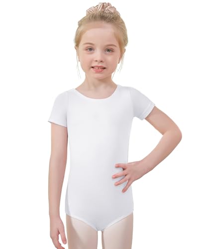 Century Star Leotards for Girls Short Sleeve Ballet Leotard Girls -Dance Gymnastics Toddler Bodysuit Kids Outfits White 8-9 Years
