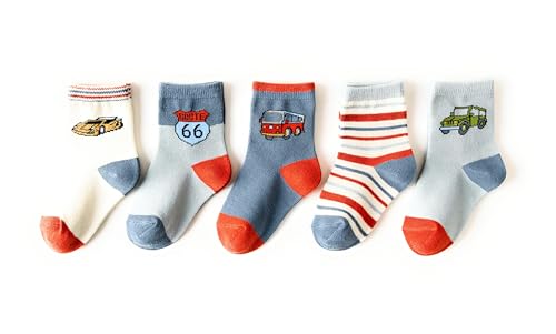 Nemo&Luna Baby Boy Girl Cotton Crew Socks, Vehicle Pattern, 5 Pairs, Gray and Orange,Cotton Blend, 5 Pairs, 3-8years