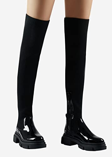 Shoe'N Tale Thigh High Knit Sock Boots Round Toe Mid Chunky Heel Stretch Over the Knee Boots for Women4