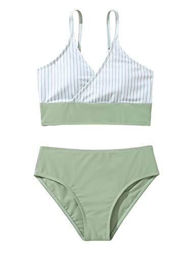 Milumia Girl's Two Piece Swimsuit Striped Wrap V Neck Spaghetti Strap Bikini Set