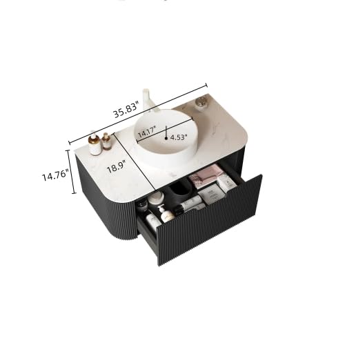 Image of KEIKI 36 inch Bathroom Vanity Cabinet with Sink Combo, Wall Mounted Curved Edges Striped Floating Bathroom Vanity with Soft-Close Drawer, White Round Ceramic Basin Without Faucet, Black
