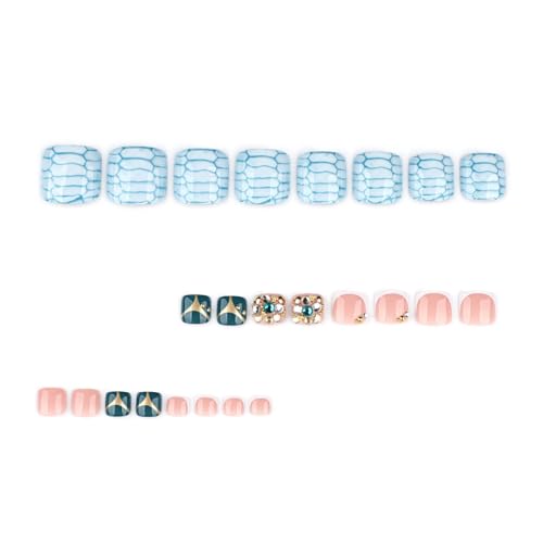Image of Marble Press on Toenails Short Square Fake Toe Nails with Rhinestone Design Glossy Full Cover White French Tip Stick on Toenails for Women 24Pcs