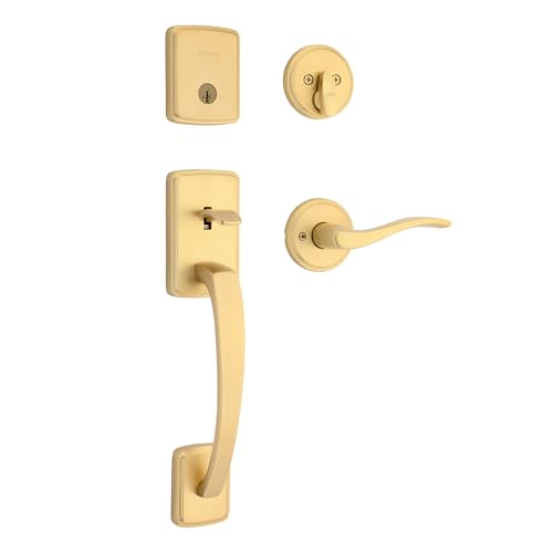 Image of Kwikset Brentford Front Door Lock Handle and Deadbolt Set, Entry Handleset Exterior with Sedona Reversible Lever, Satin Brass, Pick Resistant SmartKey Rekey Deadbolt Security
