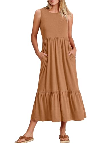 ANRABESS Women Summer Casual Sleeveless Crewneck Sundress Aline Flowy Tiered Maxi Long Beach Dress Vacation Outfits Medium Rust