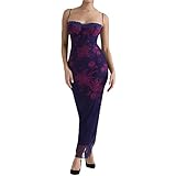 Women Sexy Bodycon Maxi Dress Sleeveless Floral Print Low Cut Spaghetti Strap Backless Long Dress Cocktail Partywear (A-Purple, L)