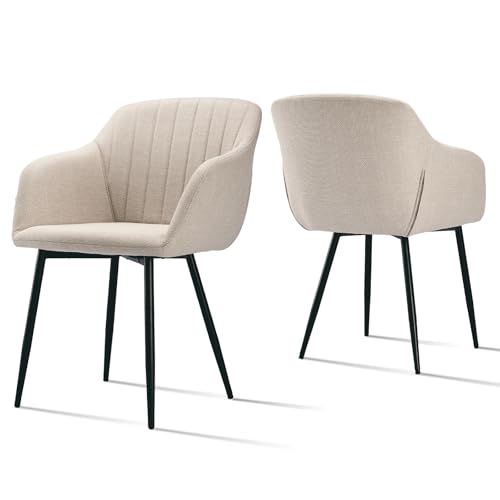 Goeurvant Chaises Beige Salle à Manger avec Accoudoirs Lot de 2 Chaises Fauteuil rembourrée en Polyester Pieds en Métal Noir pour Salle Cuisine