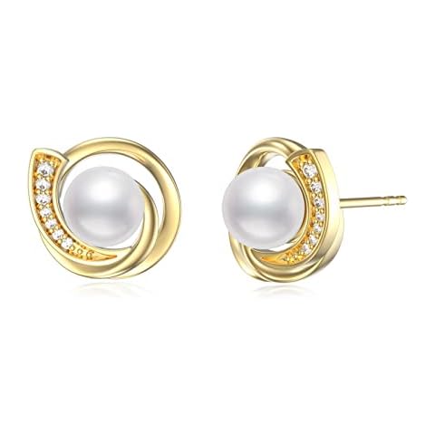 PYTALI Freshwater Pearl Stud Earrings for Women Sterling Silver Circle Stud Earrings, Pearl, Cubic Zirconia Cover