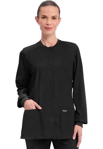Cherokee Scrub for Women Snap Front Jacket with 3 Pockets, Fade Resistant, 2-Way Stretch, Soft & Durable Fabric - WW340, S, Black