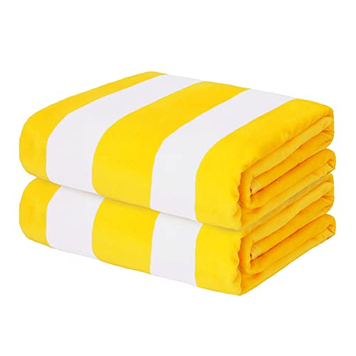 Exclusivo Mezcla Serviette de Plage Cabana Rayé, en 100% Coton, Absorbant, Doux et Moelleux, pour Pisine, Douche et Spa, 90x180 cm, Jaune, Lot de 2