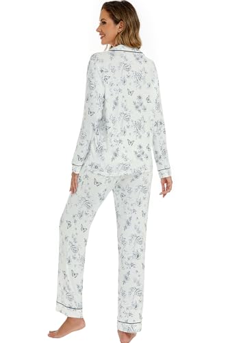 Image of LUBOT Womens Bamboo Viscose Pajamas Set 2 Piece PJs Set for Women Buttery Soft Button-Down Long Sleeve Cozy Printed Sleepwear Loungewear (Butterfly, S)