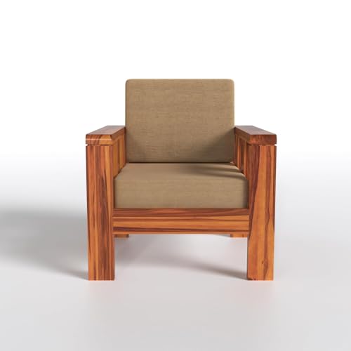 Image of Sheesham Wood 1 Seater Sofa Set with Beige Cushion for Living Room, Office, Sofa 1 Seater Sofa Wooden Sofa Set in Natural Teak Finish