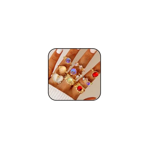 IQIC Chunky Gold Rings for Women Stackable Silver Flower Ring Set Vintage Statement Pearl Gemstone Rings Knuckle Costume Prom Jewelry Accessories (9pcs colorful rings)