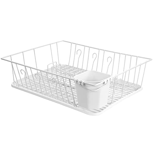 Megachef Chef Single Level Dish Rack with 14 Plate Positioners and A Detachable Utensil Holder, White