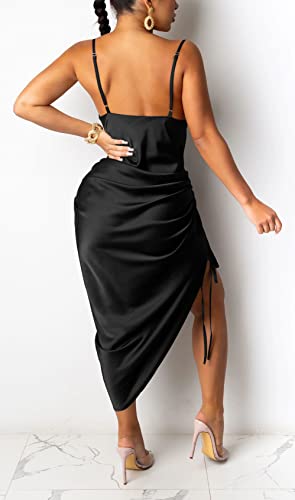 Image of Club Dress Sexy Dress for Women Wedding Party Birthday Cocktail Spaghetti Strap Satin Side Ruched Midi Mini Dress