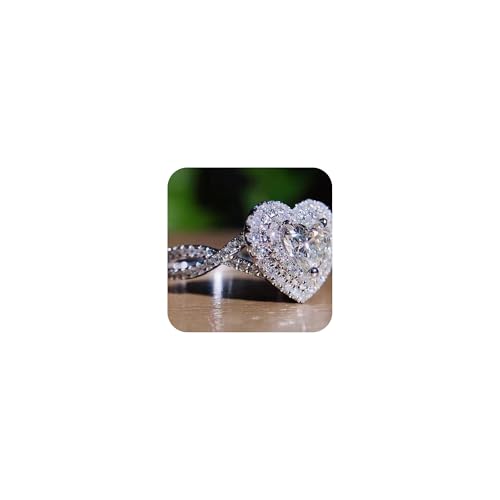 18K White Gold Plated 925 Silver 5A Zircon Stone 925 Silver Engagement Wedding Band Ring for Women Luxury Micro Inlaid Heart-shaped Simulation Diamond Ring(10)