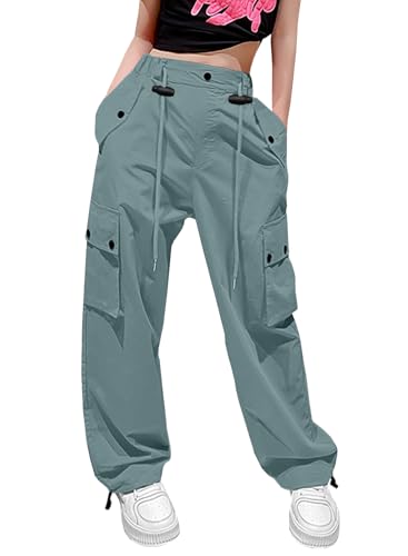 Image of HENGAO Girls Cargo Pants Parachute Casual Jogger Y2K 5-14 Years | Kids Baggy pants Parachute, Drawstring, with Pockets, Elastic High Waist, Loose Trousers Streetwear