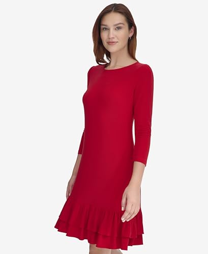 Image of Tommy Hilfiger Women's 3 /4 Sleeve Crew Neck Double Ruffle Hem Jersey Shift Mini Dress