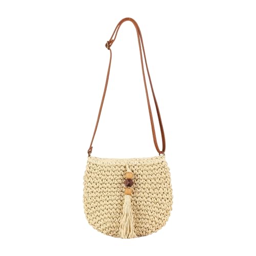 Women's Handmade Woven Straw Bag For Beach Travel And Casual Crossbody Purse Shoulder Bags With Tassels