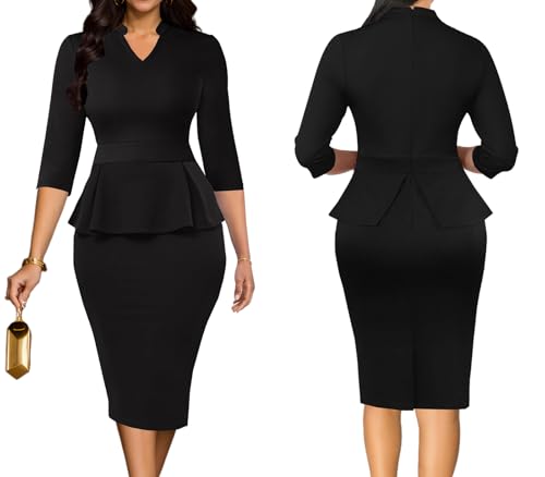 Church Dress for Women 3/4 Sleeve Work Teacher Office Business Vintage Wear to Work Pencil Midi Dress3