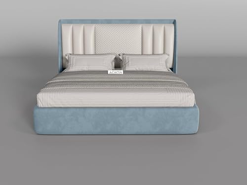 Image of Modern Upholstered Queen Size Bed with Box Storage for Bedroom | Wooden Double Bed with Storage | Platform Cot with Upholstery Premium Fabric | 6.5 x 5 Ft, Sheesham Wood (Light Blue)