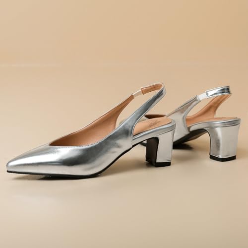 DINTAHA Pointed Toe Slingback Heels Block Low Heel Pumps Metallic Heels Wedding Party Shoes2