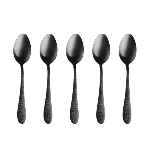 Image of 6.7 inch Charcoal Black Hammered Dessert Spoons | Set of 5 Durable Stainless Steel Teaspoons | Mirror Polished Silverware for Home, Restaurants, and Gift Giving