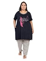 CUPID Women's Printed Plus Size Cotton Night Dress, Loungewear, Nightwear, Night Suit, Daily Use Top n Pyjama Set with Pocket for Ladies_Navy/Grey_7XL