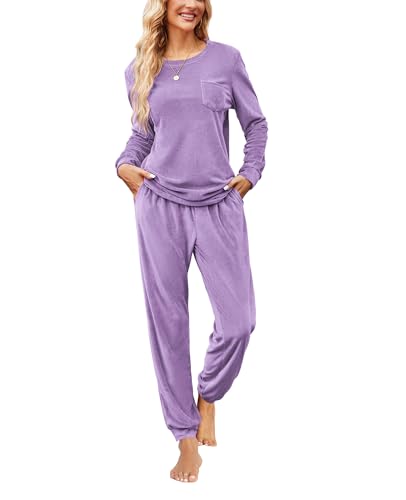 Ekouaer Womens Pajamas Sets Long Sleeve Soft Sleepwear 2 Piece Velvet Pjs Lounge Sets with Pockets