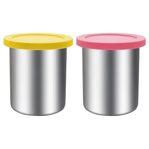 jjxeqo Stainless Steel Pint Containers & Lids Compatible with Ninja Creami ice Cream Maker NC500, NC501, CN501CO Delux Series– 2 Pack, 24 oz, Silicone Lids, BPA-Free, Dishwasher Safe