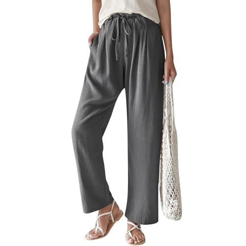 Linen Pants Women Summer Ruffle High Waisted Plus Size Wide Leg Pants Baggy Lounge Trousers with Pockets S-5Xl
