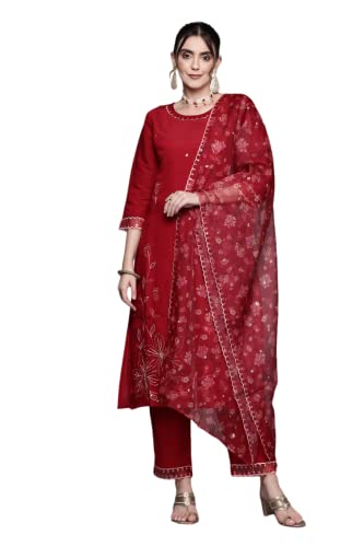 Image of INDO ERA Rayon Embroidered Straight Kurta With Pant & Dupatta Set For Women (KH9RD7029)