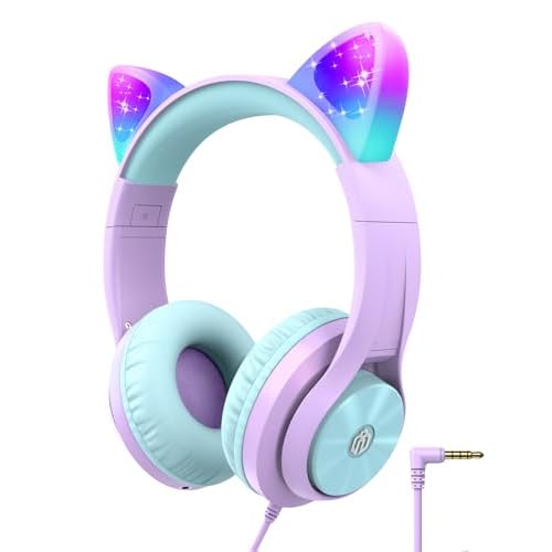 iClever Cat Ear Led Light Up Kids Headphones with Microphone, HS20 Wired Headphones -Shareport- 94dB Volume Limited, Foldable Over-Ear Headphones for Kids/School/iPad/Tablet/Travel (Medium,