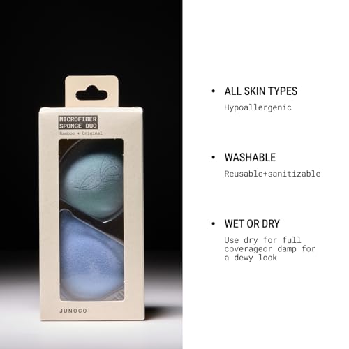 JUNO & Co. Microfiber Makeup Sponge, Dual Layer Technology for Full Coverage Flawless Makeup Blender for Foundation, Powder and Cream (2-Piece Color Duo: Blue and Green)