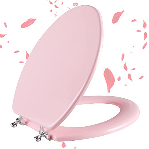 Pink Elongated Toilet Seat Natural Wood Toilet Seat with Zinc Alloy Hinges Easy to Install also Easy to Clean Scratch Resistant Toilet Seat by Angol Shiold (Elongated Pink)