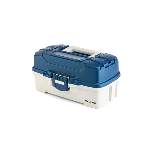 Image of Plano One-Tray Tackle Box, Blue /White, Rust-Proof Brass Latch, Top-Access Tray with Deep Storage, Made in the USA, Portable Fishing Gear Storage Organizer