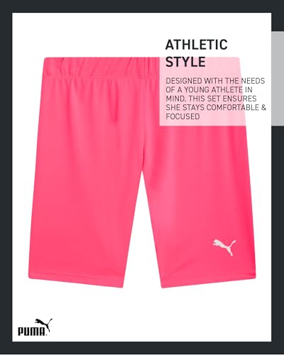 Image of PUMA Girls' Active Shorts Set - 3 Piece Performance T-Shirt, Tank Top, Bike Shorts - Summer Athletic Outfit for Girls (7-14)