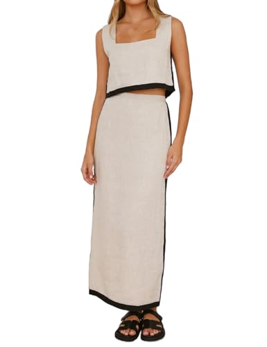IDEALSANXUN Two Piece Sets for Women Summer Cropped Linen Tank Tops and Maxi Skirt Matching Set