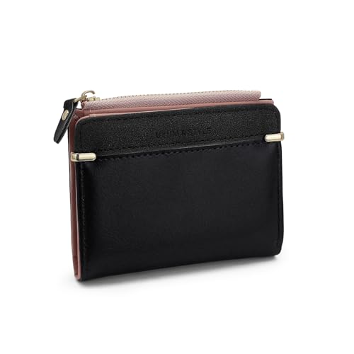Ladies Wallet, Short Credit Card Wallet Leather Bifold Purse with Zip and Snap Ladies Card Wallet with ID Card Window for Cards Change Coin (Black)