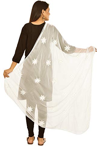 Image of YOUTHQUAKE Flower Embroidered Diamond Work Chiffon Dupatta for Womens & Girls With 4 Side Lace