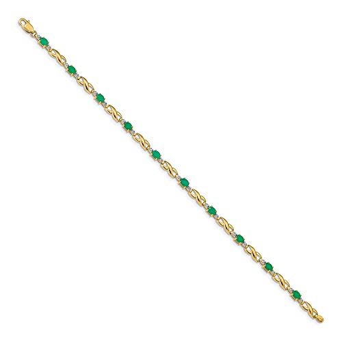 Solid 14K Yellow Gold Diamond And Emerald Green May Gemstone Oval Bracelet - With Secure Lobster Lock Clasp 7" (Width = 4Mm) (.01 Cttw.) #TOP1