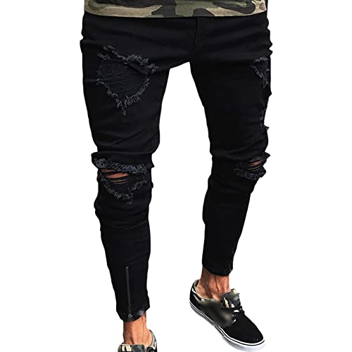 Maiyifu-GJ Mens Ripped Slim Tapered Leg Jeans Knee Holes Hip Hop Denim Pencil Pant Skinny Distressed Destroyed Stretch Jean (Black,Medium)