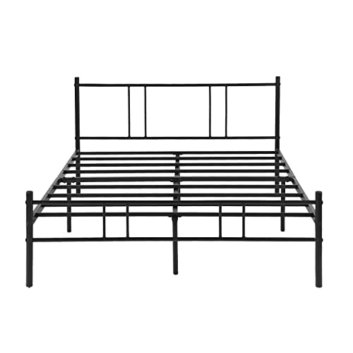 FetiNes Lit Double Cadre de Lit en Métal, Lit Fer Forgé avec Sommier + Lattes et Espace de Rangement, Structure Métallique Solide pour Adultes, 140 x 190 cm, Noir