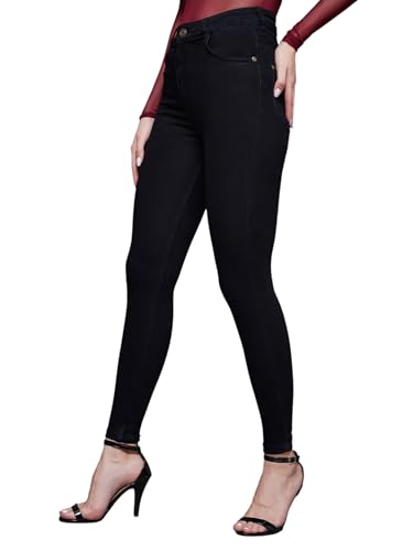 Image of Miss Chase Women's Skinny High Rise Cropped Fringed Hemline Detailing Stretchable Denim Jeans