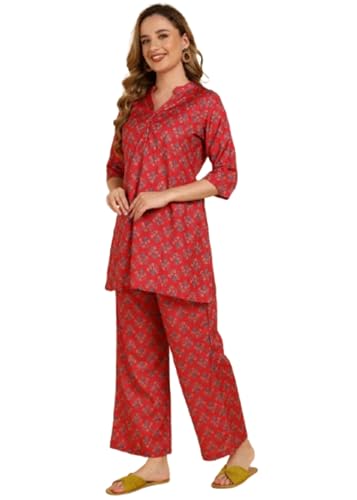 Image of Cotton Printed Co-ord Set, Red Rose, 3 /4 Sleeve Top with Mandarin Neck, Regular Fit Pants, Casual Wear